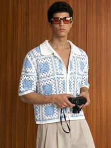 NORVETH Top de punto casual versátil de uso diario con bloques de color y abotonadura sencilla para hombre - Azul - Ver 1
