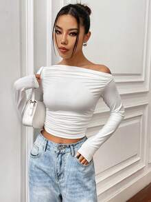 Flirla Solid Color Asymmetric Collar Pleated Cropped Top Fall Cloth For Women - White - View 4