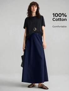 Ontre Women's Comfortable Skin-Friendly Premium Textured Fabric Fitted A-Line Skirt With Side Shell Button Decoration, Vacation Beach Casual Fashion Low-Key Old Money Style High-End Cruise Wear, Minimalist Luxury Quality Essential Outfit, Fashion Business Casual Urban Women's Office Wear, City Commute High-Quality Airport Wear, All-Season Versatile Clothing - Navy Blue - View 2