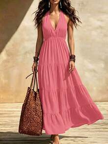 Breezaya Vestido de verano de mujer de unicolor con cuello halter en V, volantes y pliegues de moda - Rosa Roja - Ver 1