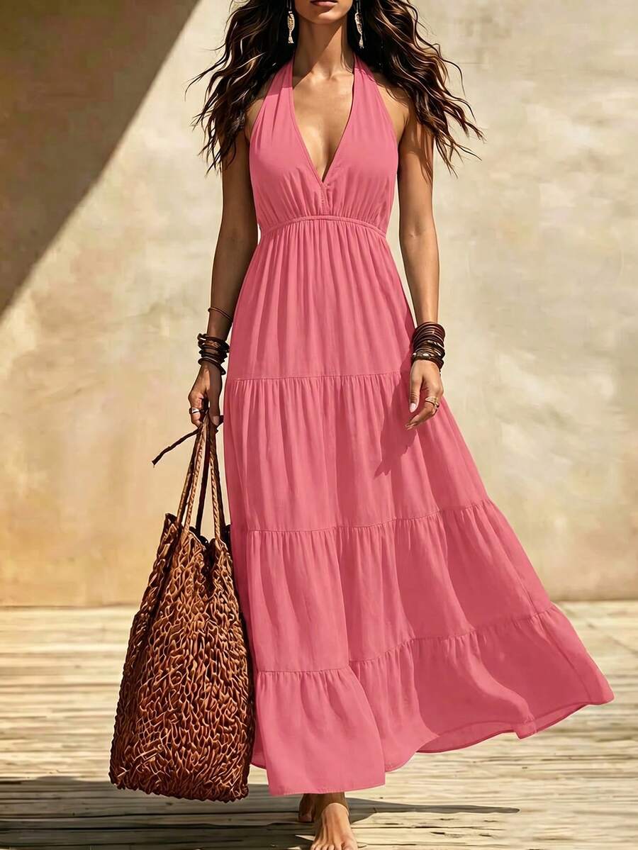 Breezaya Vestido de verano de mujer de unicolor con cuello halter en V, volantes y pliegues de moda - Rosa Roja - Ver 1