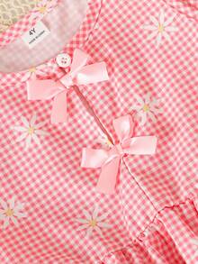 SHEIN Elladie kids 女童新款清新田園風精緻碎花兩件套，棕色蝴蝶結裝飾無袖背心上衣 + 同款碎花寬腿長褲，甜美可愛時尚日常穿搭，夏季 - 粉色 - 查看 7