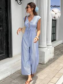 SHEIN Frenchy Women's Blue And White Stripe Vacation Versatile Tie-Waist Loose Jumpsuit Summer Tropical Casual - Blue and White - View 6