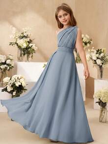 SHEIN Elegantes BlumenTween Mädchen-Kleid für Tween Mädchen zur Hochzeit, gerüschter Chiffon-Schal, wadenlang, formelles Abendkleid im Prinzessinnenstil für Tween Mädchen, für Herbst und Winter - Blau - Übersicht 4