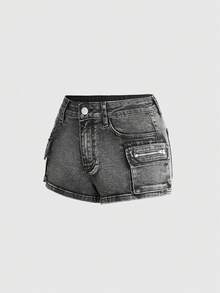 ROMWE Grunge Punk 女款夏季廢土龐克街頭風做舊水洗低腰迷你牛仔短褲 - 灰色 - 查看 5