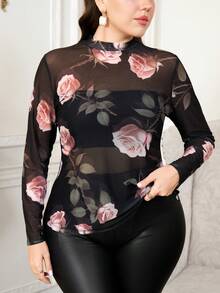 SHEIN Clasi 大尺碼女款花卉網紗立領長袖透視上衣 - 彩色 - 查看 6