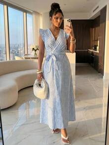 Structelle Women's V-Neck Striped Casual Daily Summer Long Dress - Multicolor - View 3