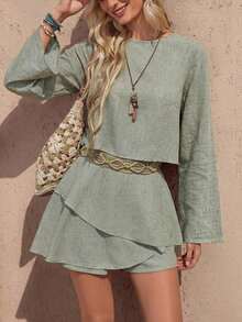 Wildy BOHO Casual Western Country Nomad Women's Summer Outfit, Long Sleeve Top And Skirt 2-Piece Set For Outings Picnic, Commuting, Sage Green Fall Clothes - Green - View 8