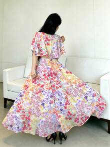 Modelyn 女款短袖數位印花收腰長洋裝，披肩袖荷葉邊裙襬，優雅迷人時尚 Y2K 約會派對洋裝，植物花卉小碎花沙灘度假洋裝 - 彩色 - 查看 2