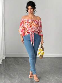 Elenzga Plus Size Women's Casual Floral Print Tie-Front Off-Shoulder Blouse - Multicolor - View 4