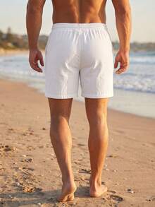 VIVINTIMO Pantalones cortos de playa de unicolor con cordón en la cintura para hombre para vacaciones - Blanco - Ver 2