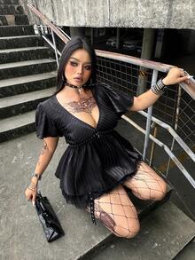 Whyspr Kemeja Lengan Pendek Bergaris Model A-Line Berkerah V Dalam Gaya Punk Gelap Ukuran Plus - Hitam - View 3