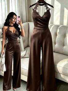 Elenzga Women's Dark Brown Halter Lace V-Neck Jumpsuit, Waist-Cinched Wide Leg Pants, Elegant Sexy Commute Evening Party Night Out Date Night Romper Summer - Brown - View 3