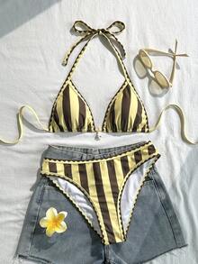 Swim Vcay 女款兩件式泳衣套裝，條紋印花與純色拼接，掛脖繫帶，露背，貝殼設計，夏季度假海灘 - 彩色 - 查看 5