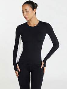 11SKNDS Long Sleeve Crew Neck Compression Top With Color Block Side Panels, Thumbhole Cuffs, Slim Fit Athletic Running Layer With Sweat-Wicking, Stretchy, Breathable, Quick-Dry & Buttery-Soft, For Gym Workout Fitness Yoga Pilates Studio, Training & Hy-Rox - Black and White - View 3