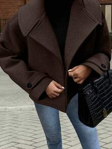 EMERY ROSE Women's Large Lapel Decorative Button Long Sleeve Wool Coat - Coffee Brown - View 1