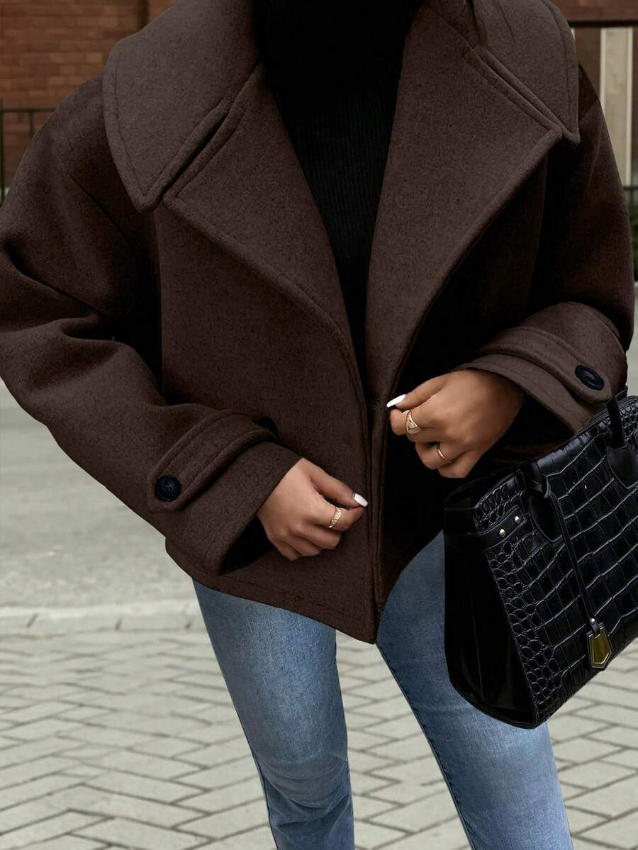 EMERY ROSE Women's Large Lapel Decorative Button Long Sleeve Wool Coat - Coffee Brown - View 1