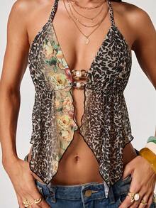 SHEIN ICON 女款豹紋花卉掛脖上衣 - 彩色 - 查看 6