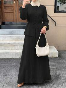 Solavon Women's Solid Color Long Sleeve Tie Decor Shirt And Skirt Two Pieces Set Tea Party Black Autumn Elegant Modest - Black - View 5