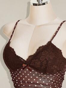 SHEIN ICON 女款性感波點印花蕾絲拼接細肩帶背心 - 棕色 - 查看 9