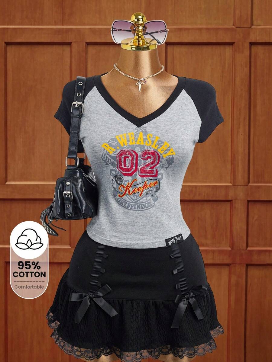 HARRY POTTER X SHEIN Women's Casual Colorblock T-Shirt For Summer - Grey - View 1