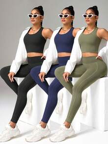 Velisys Velisys Women's Solid Color Cropped Tank Top And Fitted Leggings 3-Piece Sports Set - Multicolor - View 4