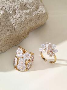 Opalesca 18K Gold Plated White Flower Exquisite Fashion Open Ring - Yellow Gold - View 8