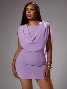 Rustia Plus Size Women Solid Color Minimalist Casual Plus Size Shawl Collar Fitted Dress, Beach Vacation, Wedding Party, Birthday Date, Designer Shawl Dress - Purple - View 8