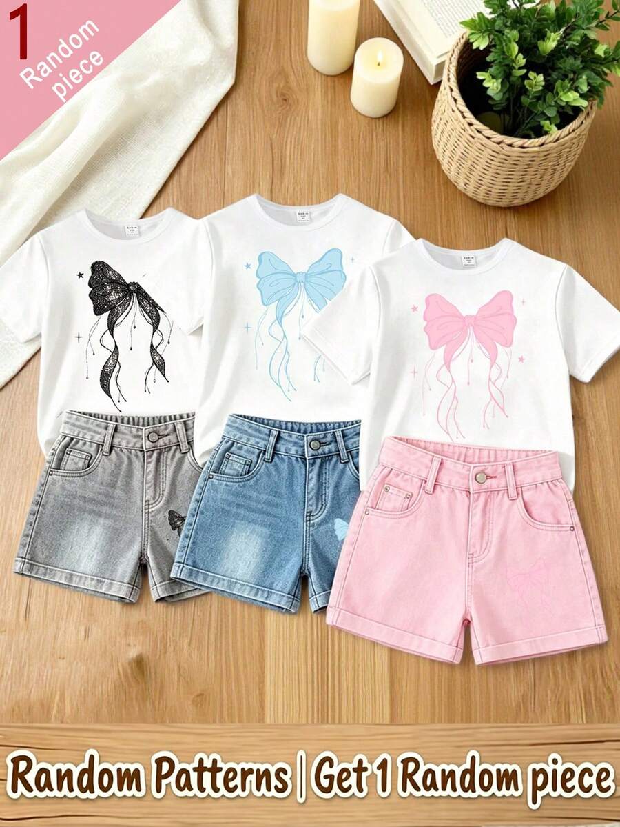 (Random 3 Pcs, Send 1 Pc) Summer Baby Girl Refreshing Minimalist Colorful Star & Bow Print Basic Short Sleeve T-Shirt - White - View 1