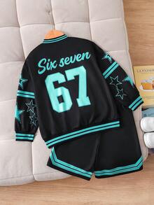 SHEIN 2件組男孩字母數字標語印花拼色條紋拉鍊開襟外套與短褲套裝，適合日常休閒運動校園戶外，春夏款，舒適面料，時尚版型，新春夏風格，適合多季節與場合，兒童春秋套裝 - 彩色 - 查看 2