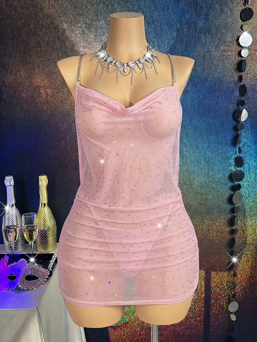 MidnightGlam Women's Sequin Mesh Backless Sexy Nightgown 2pcs Set,Sexy Lingerie For Women,Lace Sexy Lingerie,Lingerie Set,Sexy Outfit - Pink - View 1