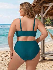 SHEIN CURVE+ Plus Size Women Summer Beach Solid Color Ruched Sexy Bikini Top And Triangle Bottom Two-Piece Swimwear Set - Blue - View 2