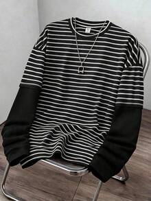 SHEIN 青少年男孩休閒舒適百搭條紋拼色拼接袖長袖上衣 - 彩色 - 查看 6