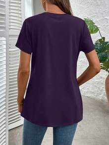 EMERY ROSE Plus Size Solid Half Sleeve Casual V Neck T-Shirt For Summer - Purple - View 2