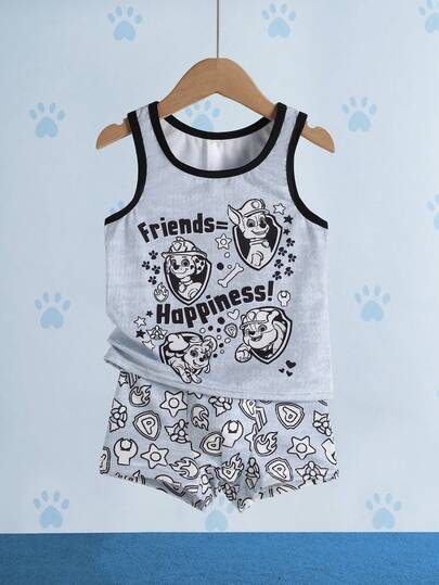 SHEIN | PAW Patrol Young Boy Summer Comfortable Dog Print Contrast Trim Tank Top And Shorts Underwear Set