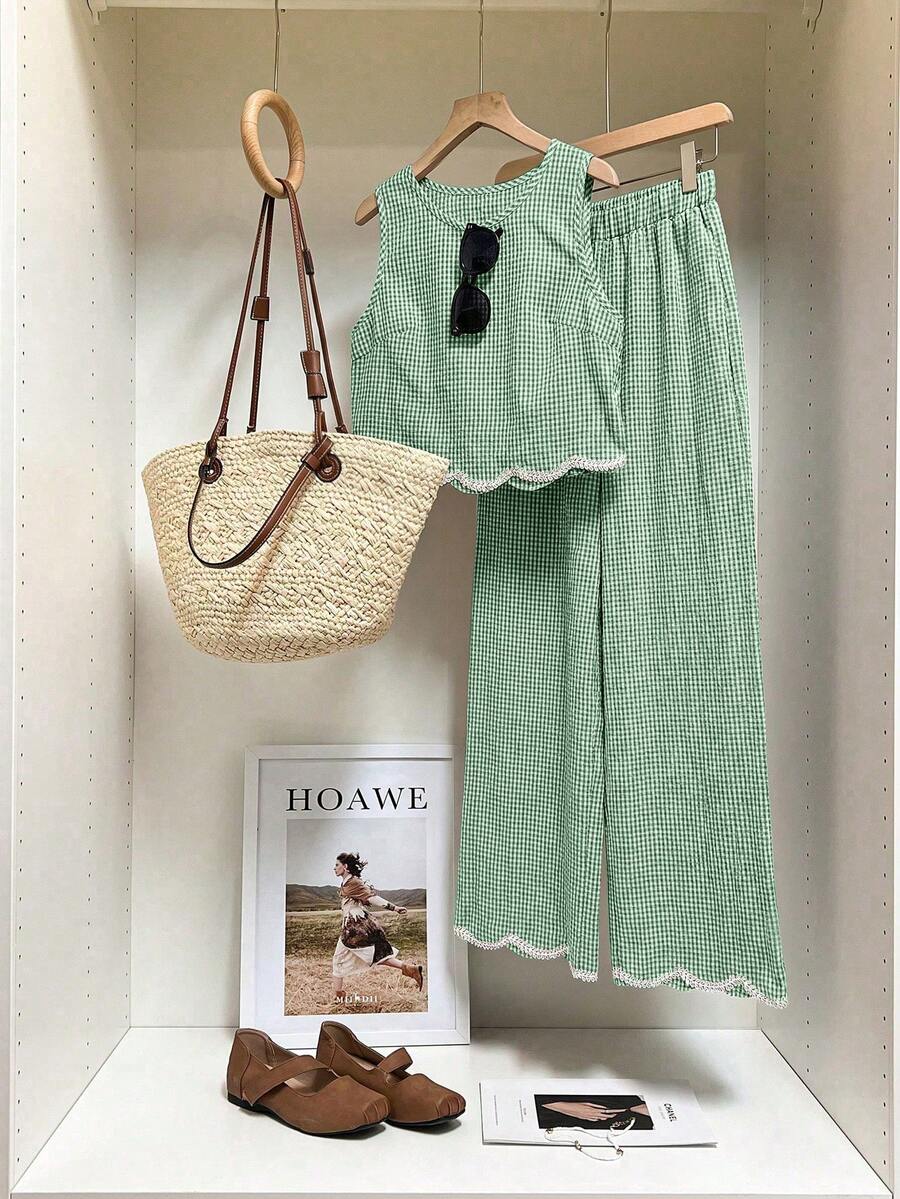 Muvela Women's Vacation Casual Plaid Vest And Pants 2 Pieces Set,Vacation Outfits Women,Summer Outfits For Women - Green - View 1