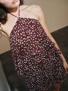 MOTF PREMIUM URBAN HALTER NECK RUFFLE POLKA DOT SHORT DRESS, AUTUMN/WINTER - Coffee Brown - View 6