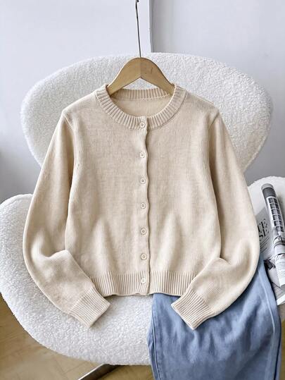 SHEIN Cardigan Rajut Kasual Lengan Panjang Kancing Tunggal Warna Polos untuk Anak Perempuan Remaja Musim Gugur/Musim Dingin
