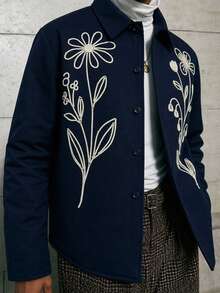 AKNOTIC Men's Floral Embroidered Pattern Casual Versatile Daily Wear Winter Long Sleeve Jacket - Blue - View 4