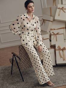 Anewsta Women's 2 Pieces Set Polka Dot Shirt Wide-Leg Pants Elegant Versatile Fashion Design Brunch Black And White Polka Dot Autumn Tea Party - Black and White - View 4