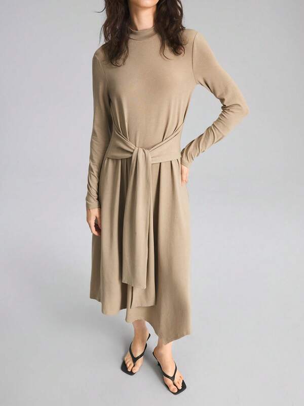 Ontre 2026 New Autumn Women's Mid-Length Dress, Loose Fit, Khaki Color, Long Sleeve, Knit Fabric, High Neck, Waist Tie Design, Casual Commute, Urban Modern, Minimalist Elegant, Tea Party, Independence Day, Old Money Style, Teacher Outfit, Office Wear, Holiday Outfit, Vacation Date, Women's Outing Fashion Versatile Mid-Length Dress