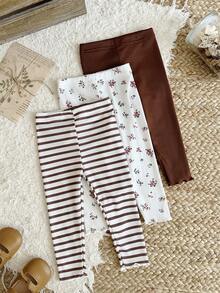 SHEIN Vintaside Kids 女嬰 3 件組春夏/秋冬長褲套裝，花卉數位印花 + 條紋數位印花 + 素色，3 件休閒簡約可愛長褲，適合戶外活動與休閒穿著 - 彩色 - 查看 8