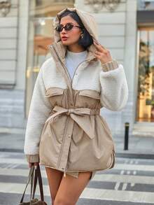 EURMUSE Faux Fur Jacket – Ultra-Warm Cropped Design With Plush Velvet Texture, Oversized Collar & Quilted - Beige - View 7