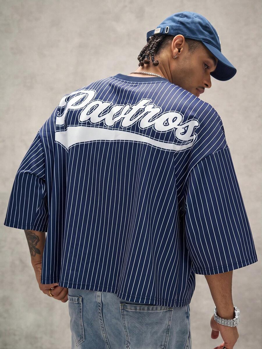PAVTROS Men's Striped Letter Print Drop Shoulder Loose Fit T-Shirt
