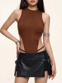 Rina Fox 女款性感無袖細肩帶連身衣，極簡性感風，修身顯身材，小眾吊帶背心外穿上衣 - 摩卡棕 - 查看 5
