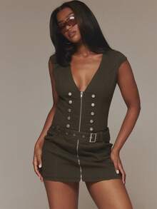 MUSERA Utility Military Detail Zip Through Fitted Mini Dress Spring Summer Festival Vacation Ibiza Holiday Rave Sexy Y2k Utility Siren - Army Green - View 2