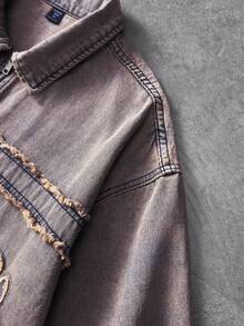ROMWE MEN Men's Letter Patch Raw Edge Short Sleeve Zipper Placket Denim Shirt - Pink - View 6