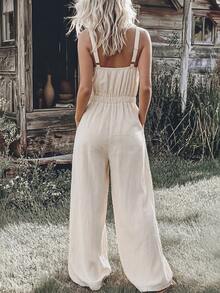 Holdful Holdful Women's White Casual Pure Cotton Suspender Wide Leg Jumpsuit For Daily Commute Wear - Apricot - View 2