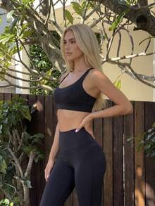 Fluxe Women's Solid Color Wide Strap Minimalist Casual Sports Bra Cross Design Gym High Support - Black - View 5