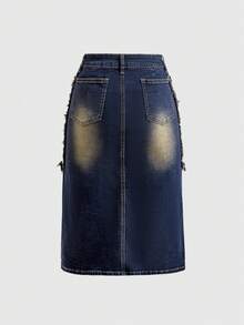 ROMWE Grunge Punk Vintage Distressed Punk Metal Eyelet Low Waist Straight Leg Denim Skirt For Women - Blue - View 2